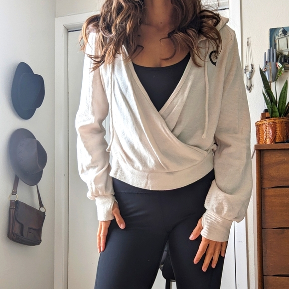 CycleBar Thrive Societe Waffle Knit Open Front Hooded Pullover - Picture 6 of 9